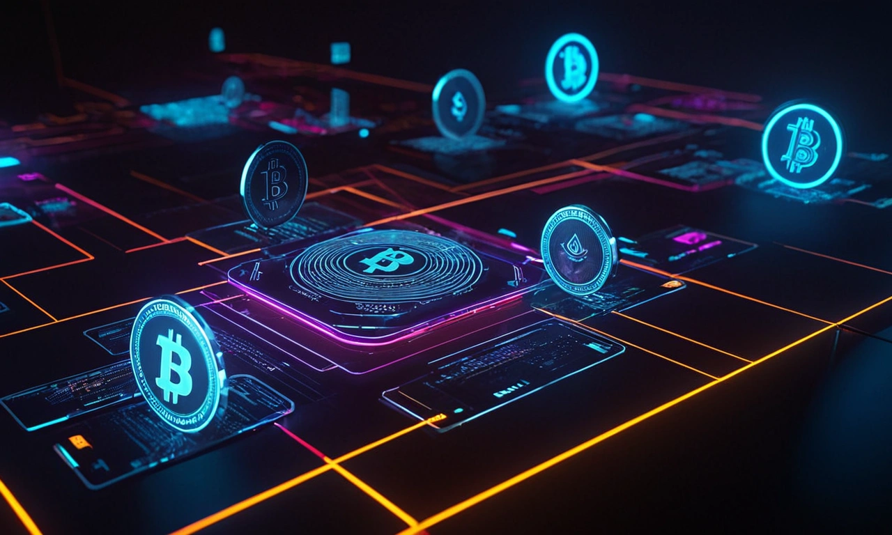 Illustration of the AGI age transforming financial systems with AI, cryptocurrency, and digital networks