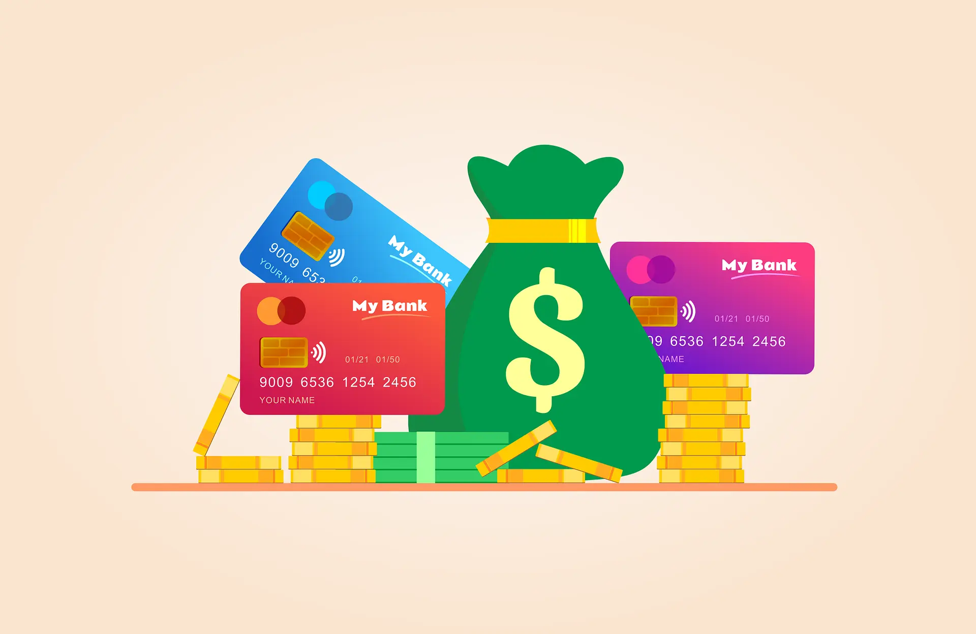 Illustration of a checking account to manage finances, including debit card transactions and expense tracking